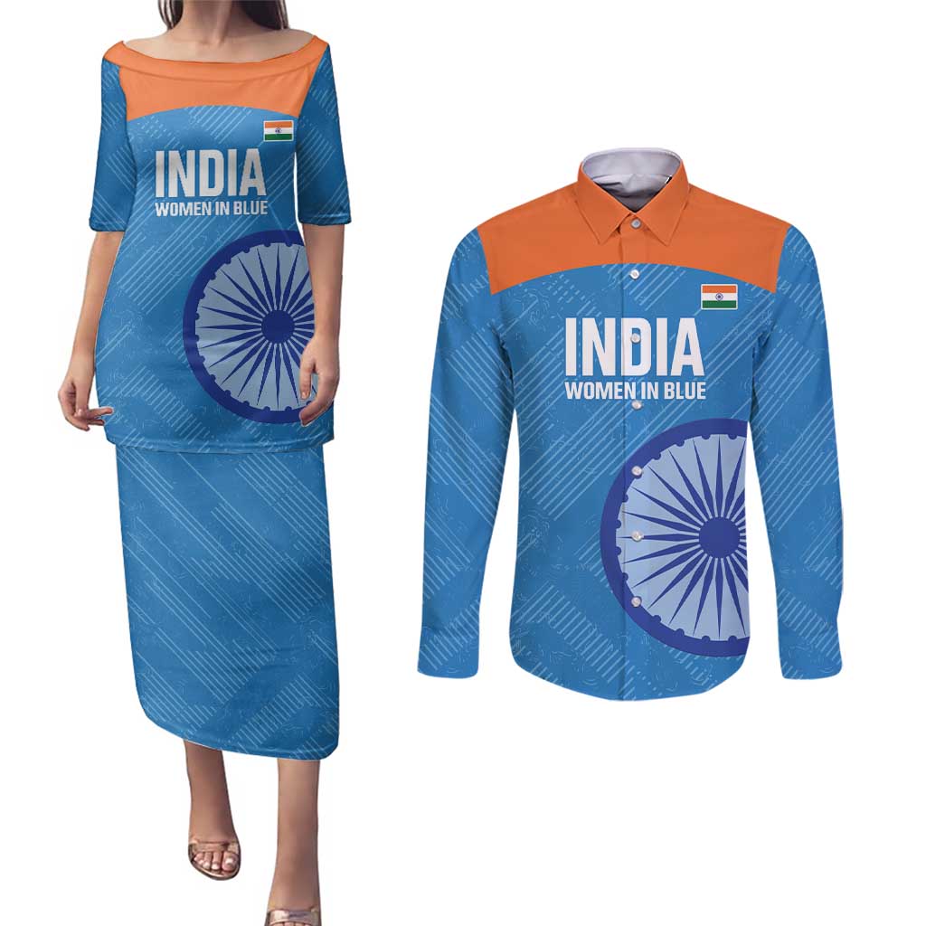 Custom India Cricket Couples Matching Puletasi and Long Sleeve Button Shirt Go Women In Blue - Wonder Print Shop