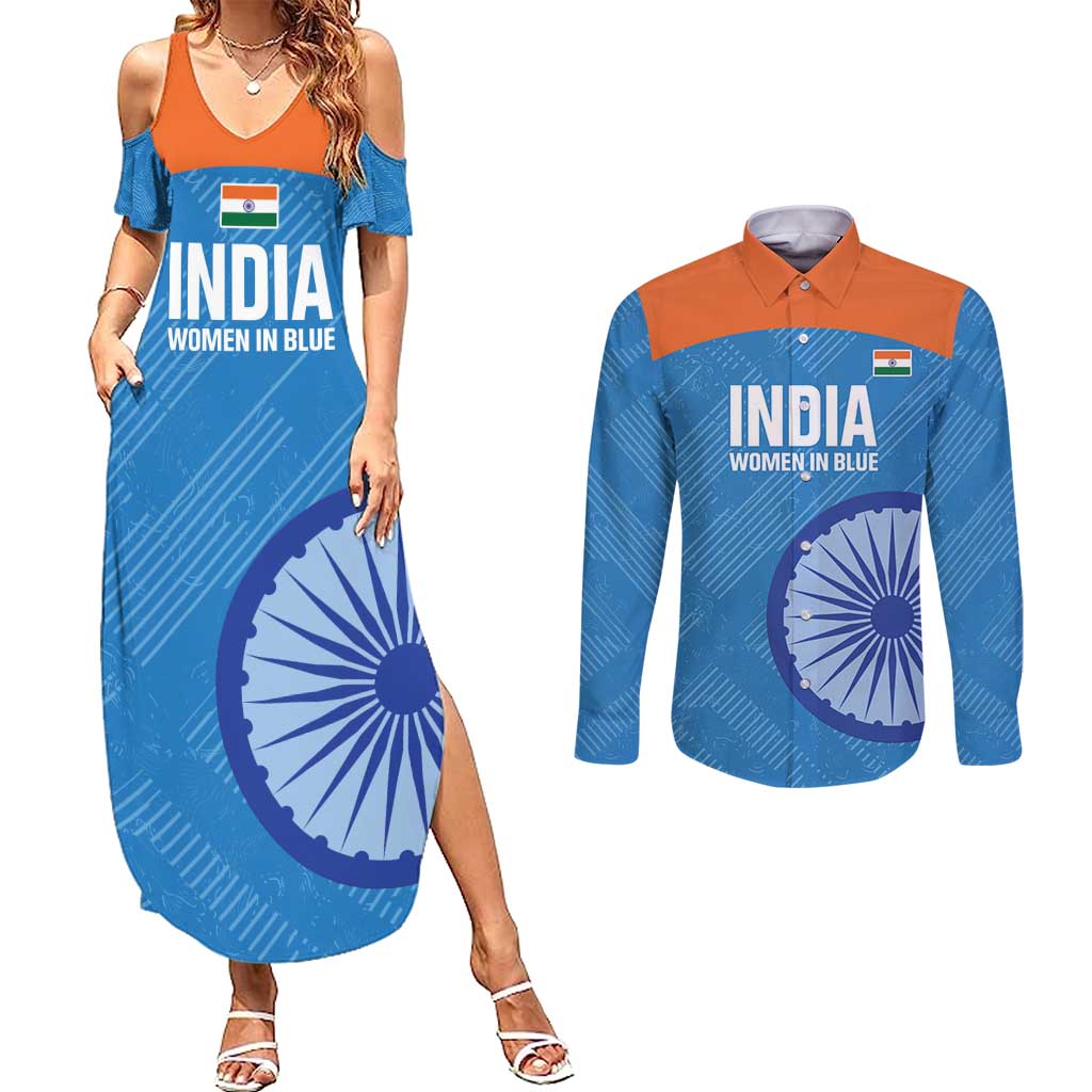 Custom India Cricket Couples Matching Summer Maxi Dress and Long Sleeve Button Shirt Go Women In Blue - Wonder Print Shop