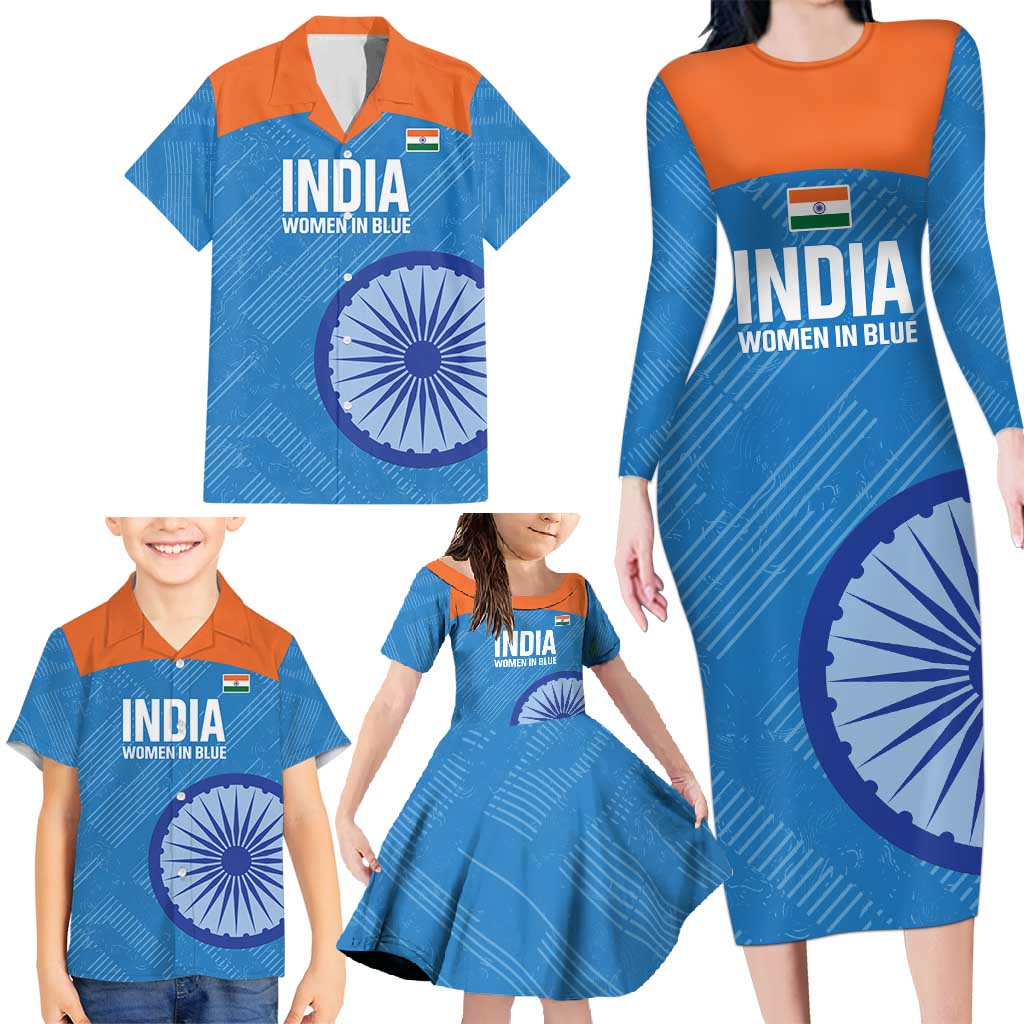 Custom India Cricket Family Matching Long Sleeve Bodycon Dress and Hawaiian Shirt Go Women In Blue - Wonder Print Shop