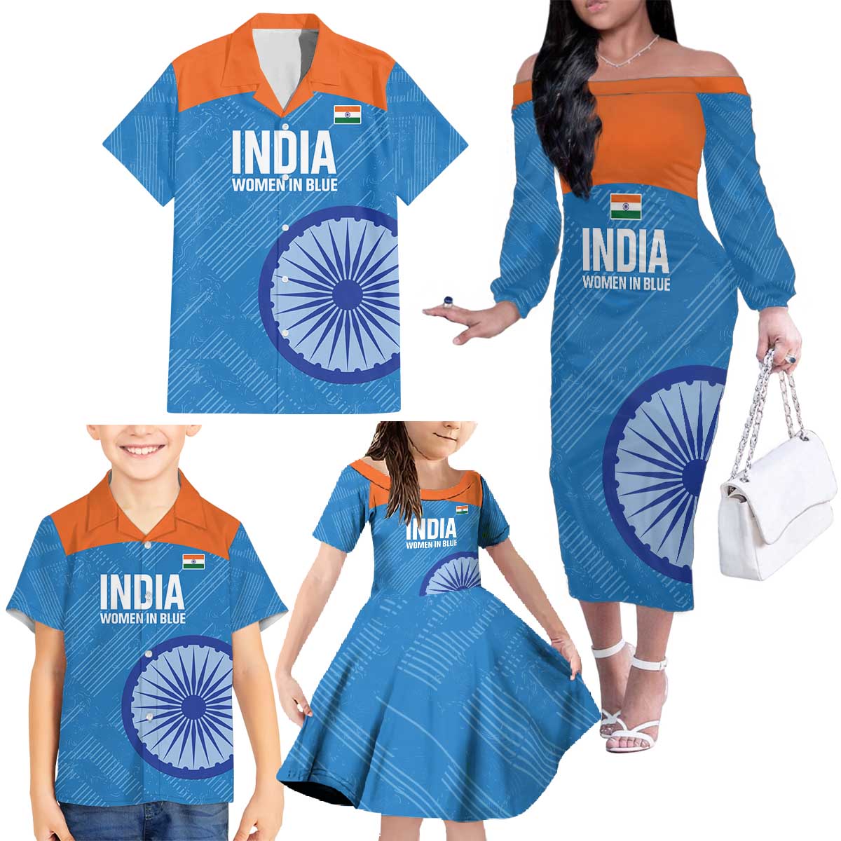 Custom India Cricket Family Matching Off The Shoulder Long Sleeve Dress and Hawaiian Shirt Go Women In Blue - Wonder Print Shop