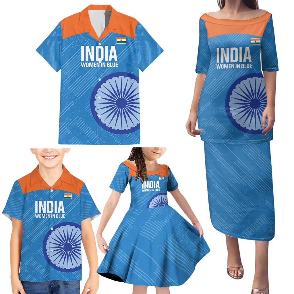 Custom India Cricket Family Matching Puletasi and Hawaiian Shirt Go Women In Blue - Wonder Print Shop