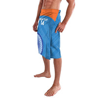 Women’s blue knee-length wrap skirt with orange waistband and side slit graphic print