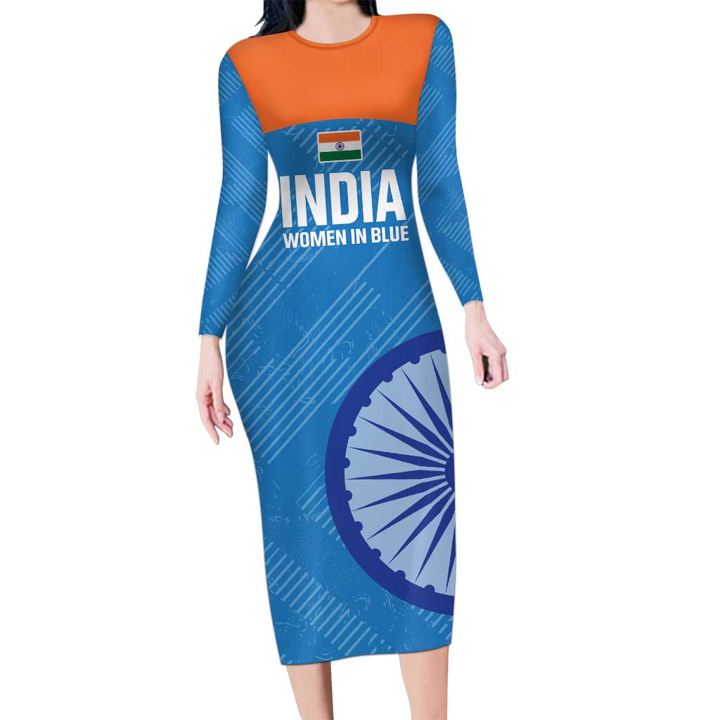 Custom India Cricket Long Sleeve Bodycon Dress Go Women In Blue - Wonder Print Shop