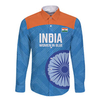 Blue long-sleeve cricket button shirt with orange yoke; India Women in Blue graphic