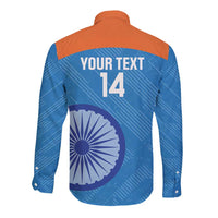 Blue long-sleeve cricket button shirt with orange yoke; back text YOUR TEXT 14 graphic