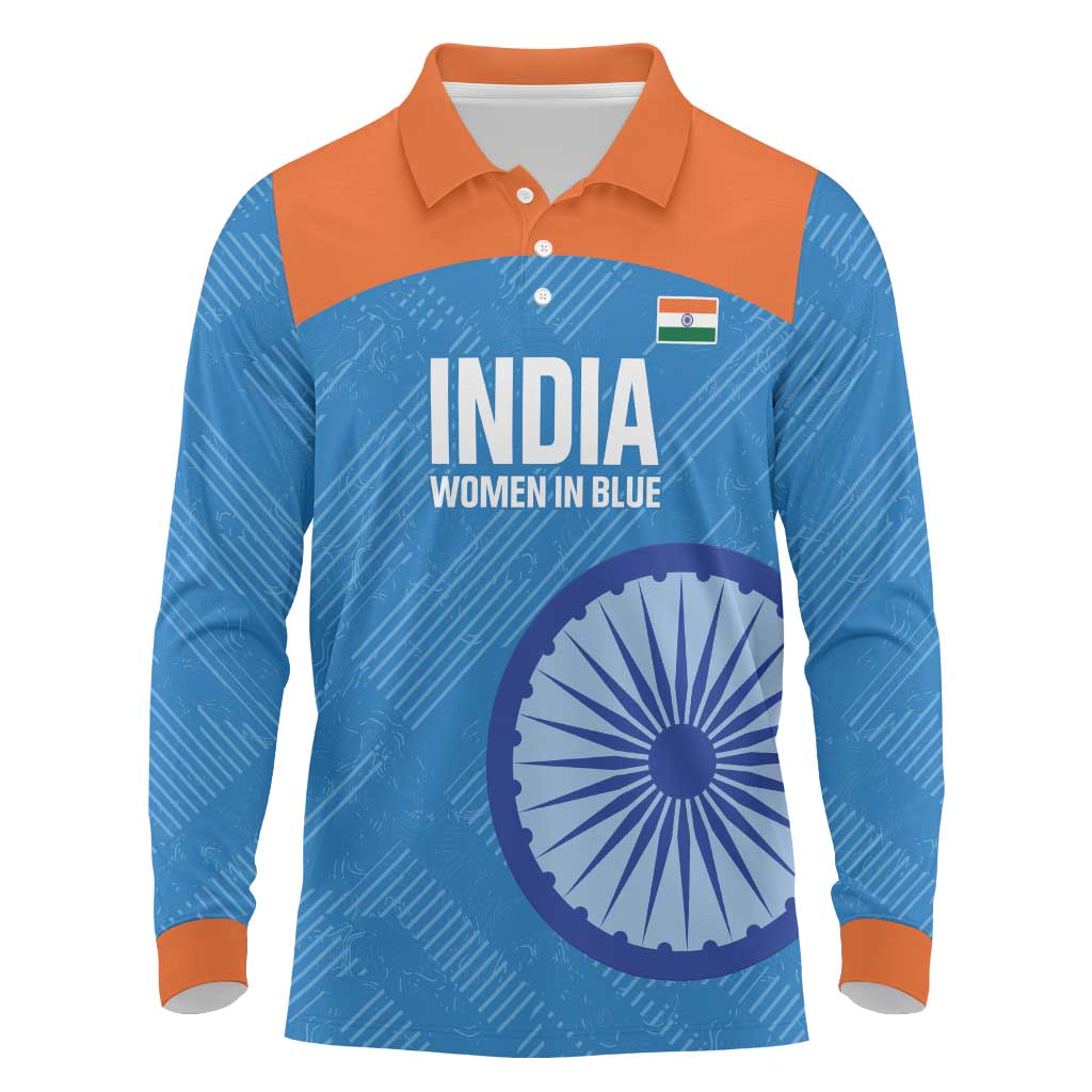 Custom India Cricket Long Sleeve Polo Shirt Go Women In Blue - Wonder Print Shop