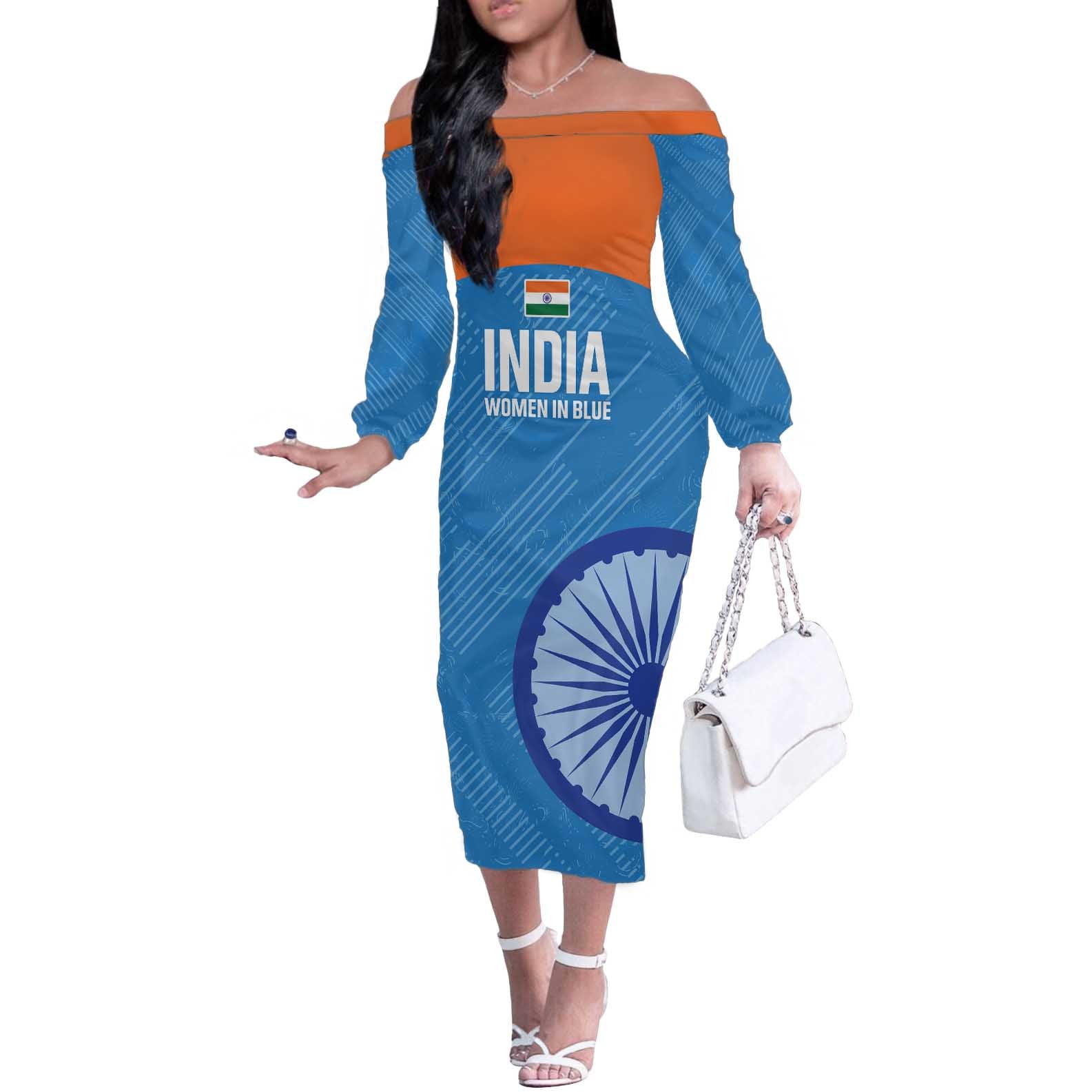 Custom India Cricket Off The Shoulder Long Sleeve Dress Go Women In Blue - Wonder Print Shop