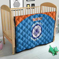 Blue quilt for crib with orange border, diamond quilting, India cricket women emblem