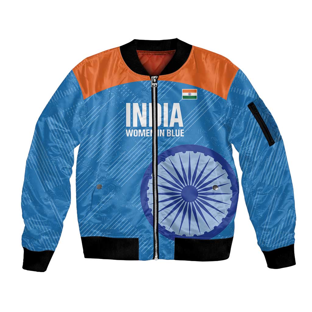 Custom India Cricket Sleeve Zip Bomber Jacket Go Women In Blue