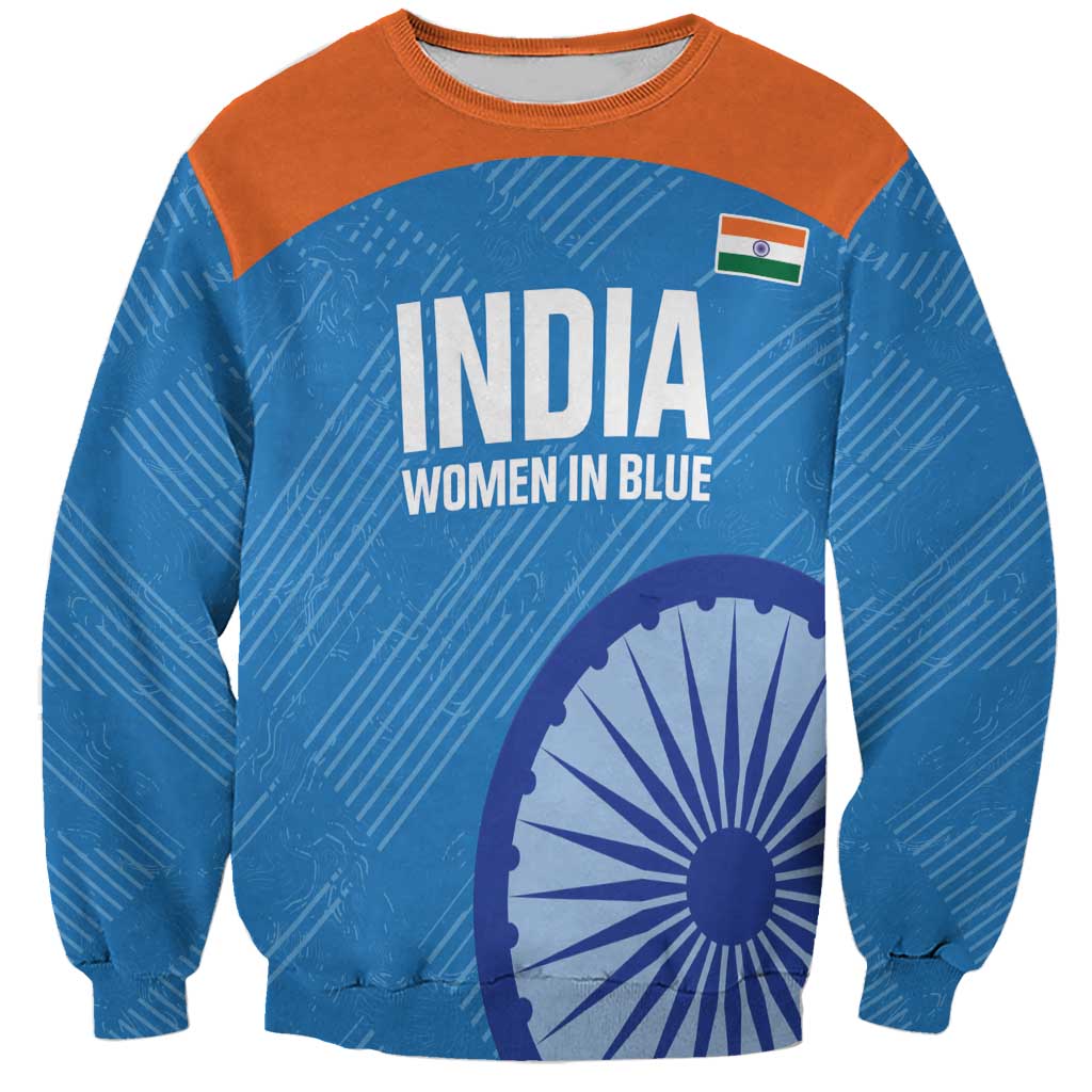 Blue cricket sweatshirt with orange yoke, front graphic India Women in Blue and flag