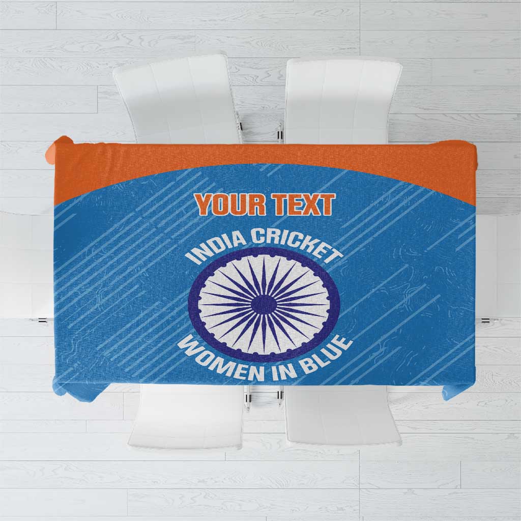 Custom blue cricket tablecloth with circular emblem and “Your Text” banner design