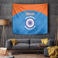 Blue and orange cricket women tapestry with custom text and India emblem design