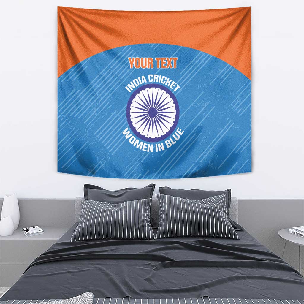 Cricket women in blue tapestry wall hanging with orange top border and custom text