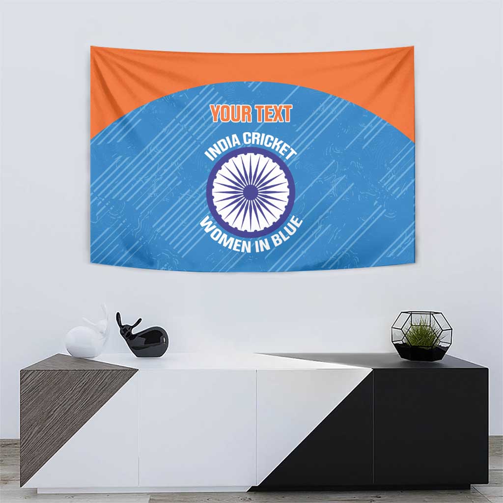Blue cricket women tapestry with circular emblem and “YOUR TEXT” on orange background