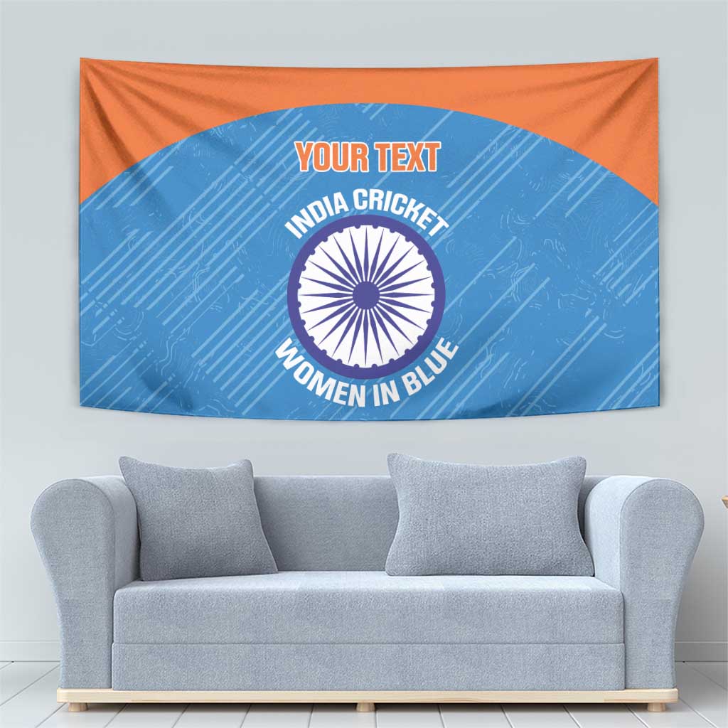 Blue and orange cricket tapestry with circular India emblem and “YOUR TEXT” text