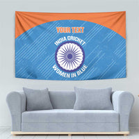 Blue and orange cricket tapestry with circular India emblem and “YOUR TEXT” text