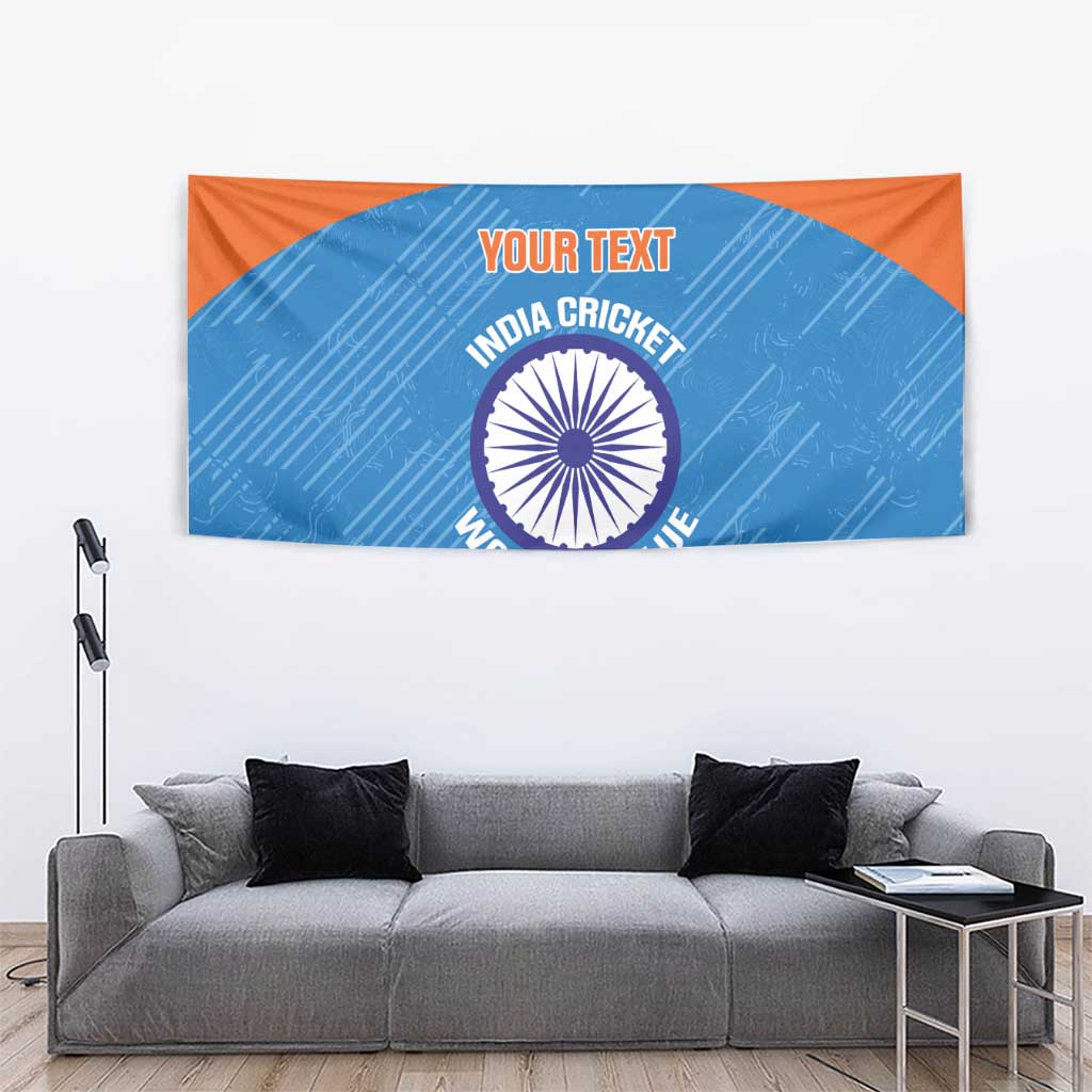 Blue cricket women wall tapestry with custom “YOUR TEXT” and India emblem