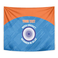 Close-up cricket women tapestry: blue field, orange top, custom “YOUR TEXT” and emblem