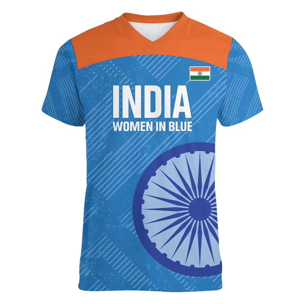 Custom India Cricket Women V-Neck T-Shirt Go Women In Blue