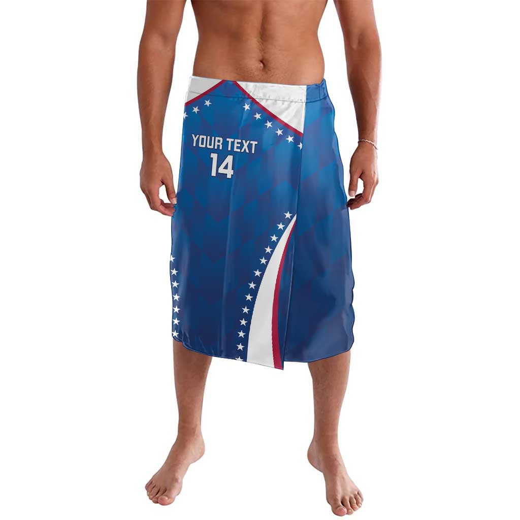 Blue custom sports shorts with white waistband, star-and-flag graphic and front slit