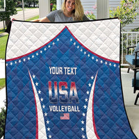 Blue, white, and red USA volleyball quilt with stars and 'YOUR TEXT' in center