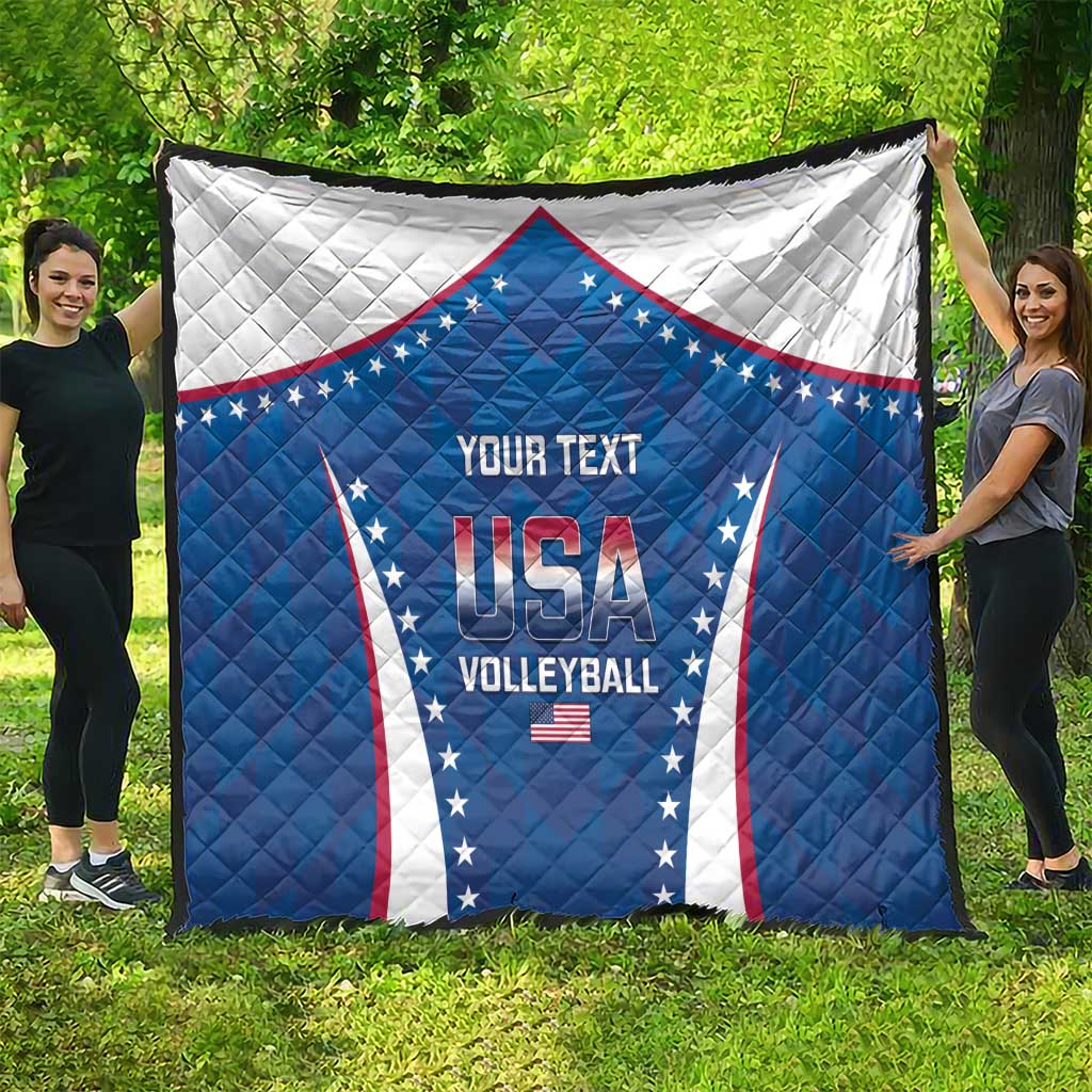 USA volleyball quilt, blue with white border and red stripes, 'YOUR TEXT' panel