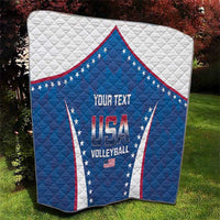 Blue USA volleyball quilt laid outdoors with star emblem and 'YOUR TEXT' lettering