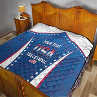 Blue USA volleyball quilt on a bed, featuring star border and 'YOUR TEXT' logo