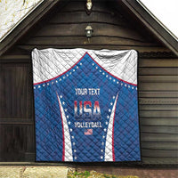 Blue USA volleyball quilt hung in a garage, with star emblem and 'YOUR TEXT' text
