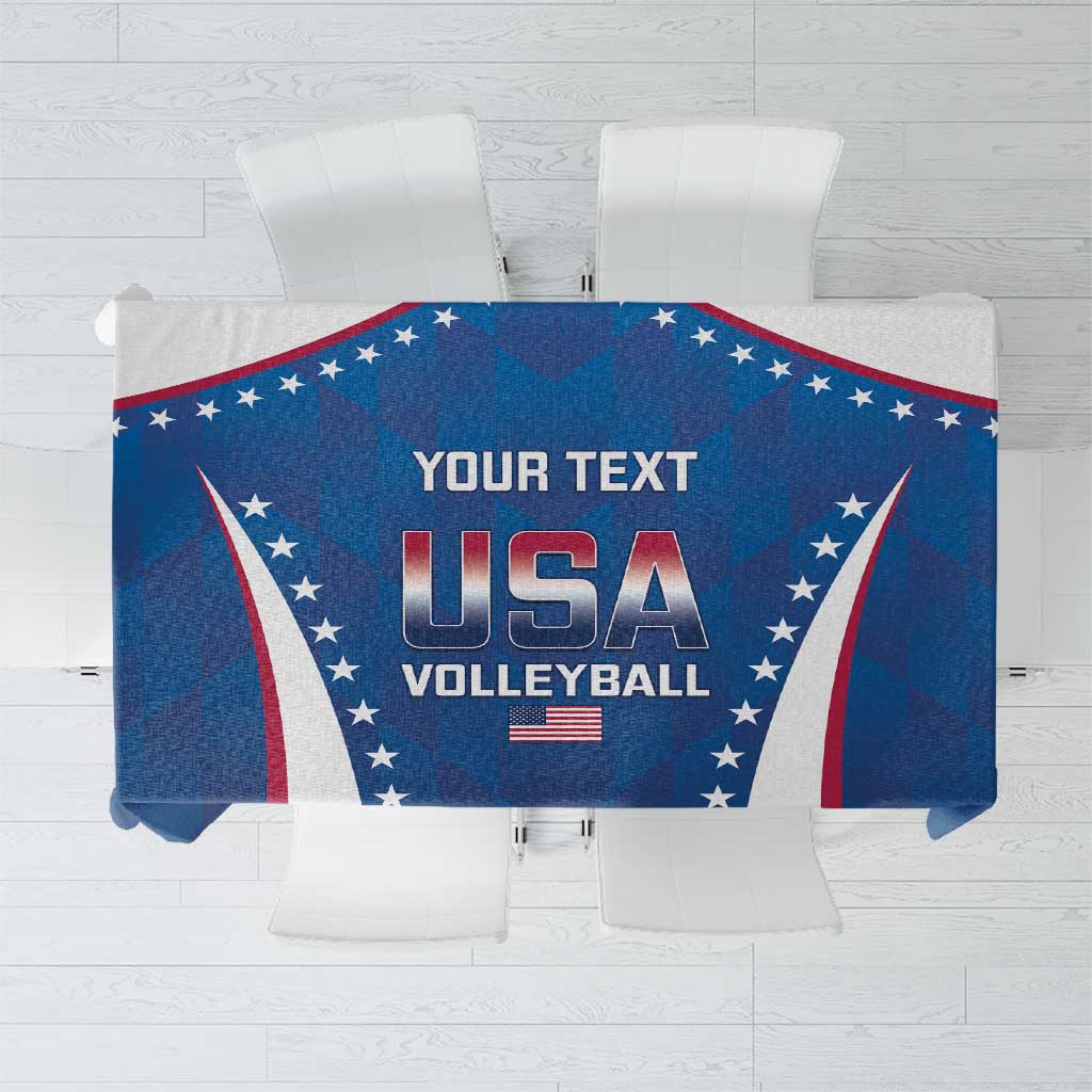 Blue USA volleyball tablecloth with stars, red-white stripes, and custom text panel