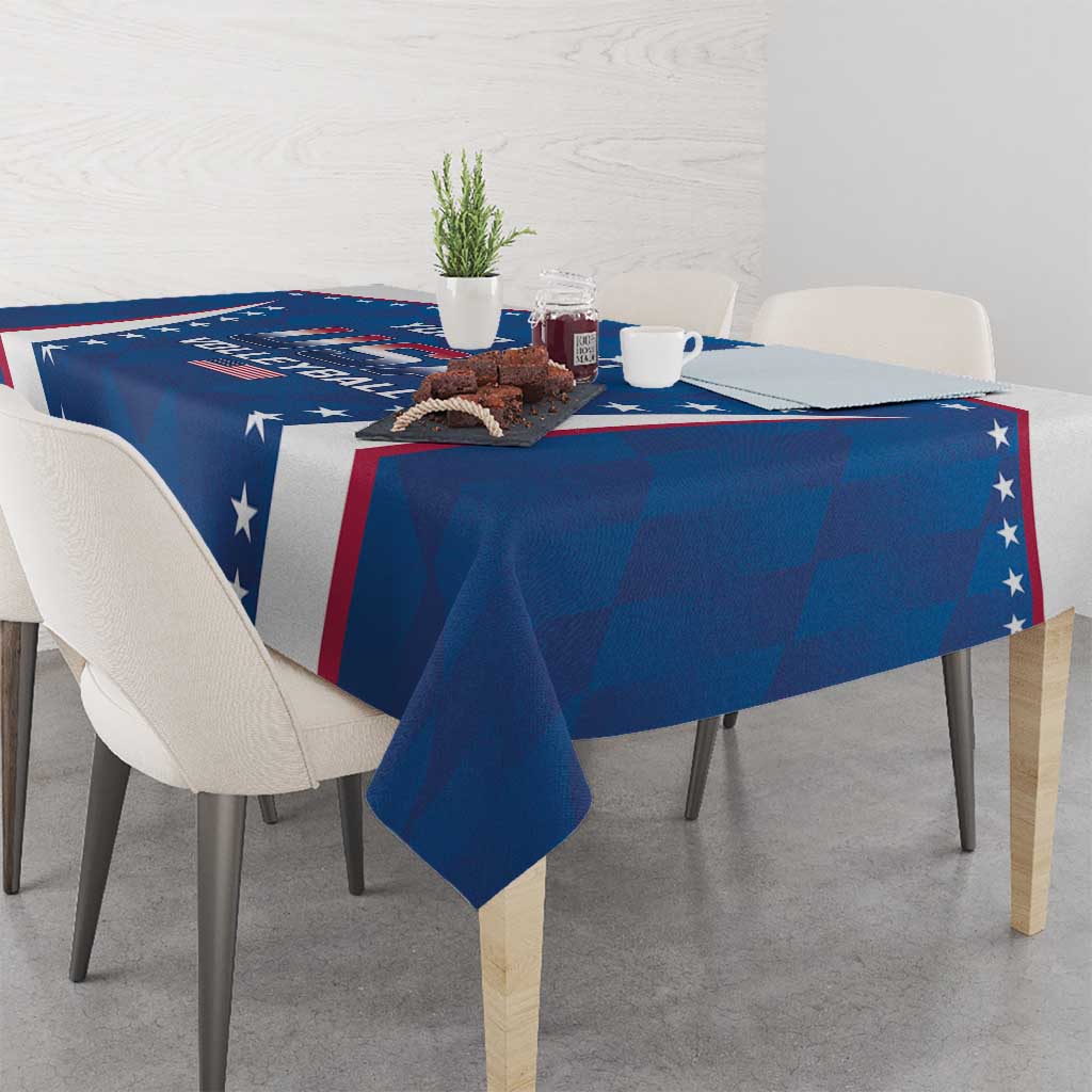 Blue USA volleyball tablecloth, front corner drape with stars and red-white stripe band