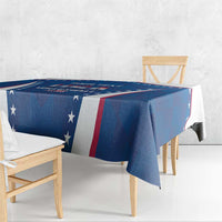 Blue USA volleyball tablecloth with stars and red-white stripe sides, over dining table