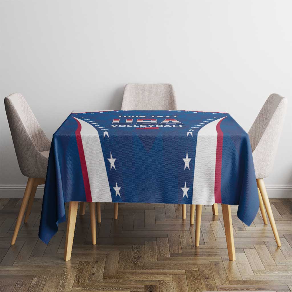 Blue USA volleyball tablecloth on dining table with stars and red-white vertical stripe accents