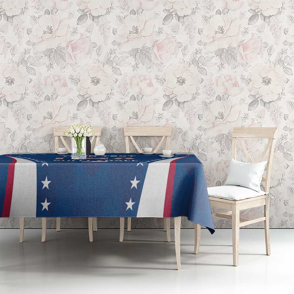 Blue USA volleyball tablecloth with starry panel and red-white stripes on dining table