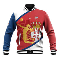 Red and blue varsity baseball jacket with Serbia crest and graphic stripe front