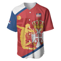 Red Serbia volleyball jersey with button placket, crest and ball graphic, blue and white trim