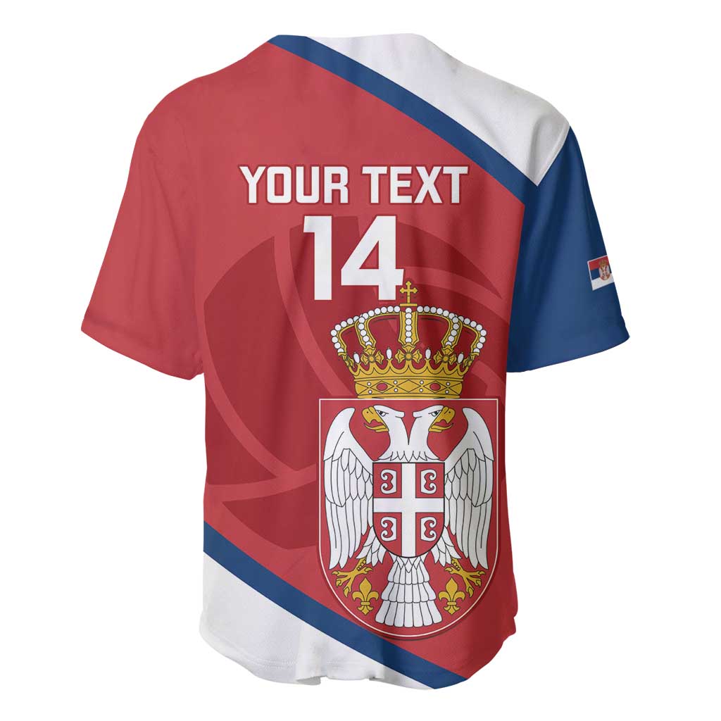 Red jersey back with number 14 and crest, blue sleeve panels and white trim