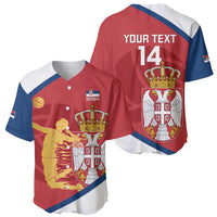 Red Serbia jersey set: front with ball-and-hero graphic and crest; back shows number 14
