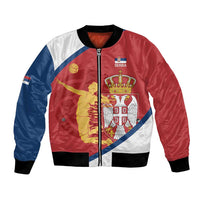 Red, blue, and white bomber jacket with full-zip front and Serbia graphic crest