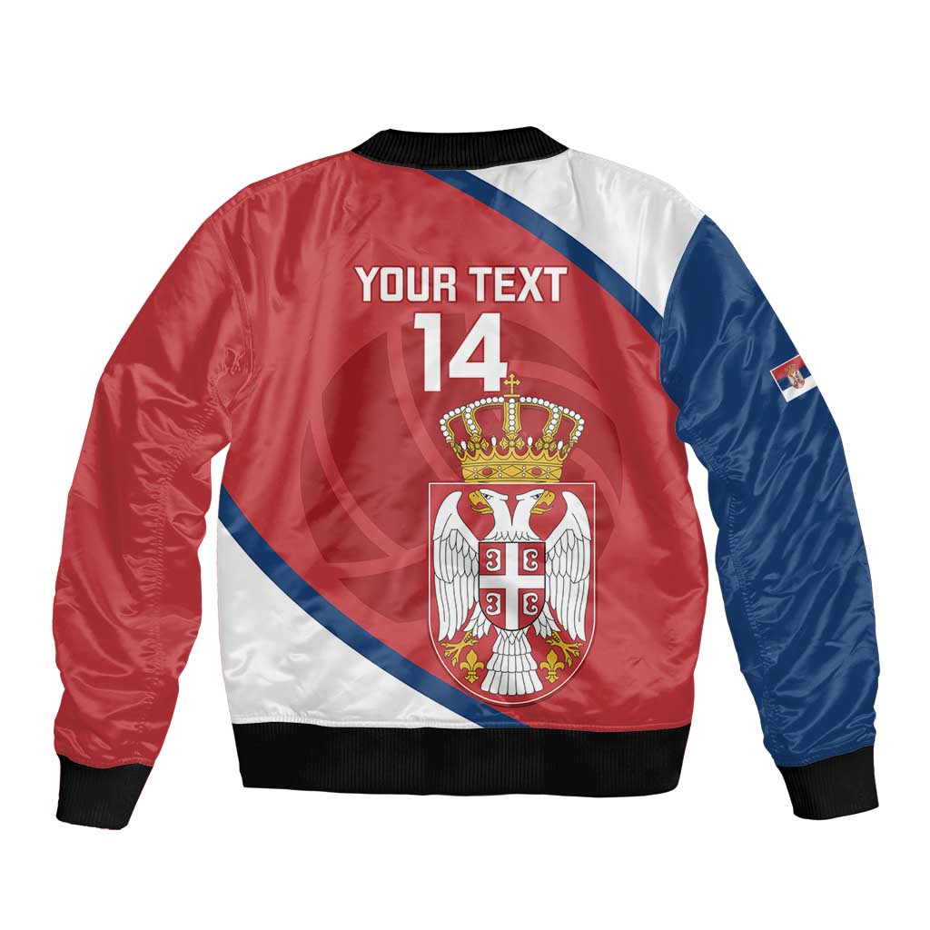 Red, blue, and white bomber jacket back with 'YOUR TEXT 14' and Serbia crest