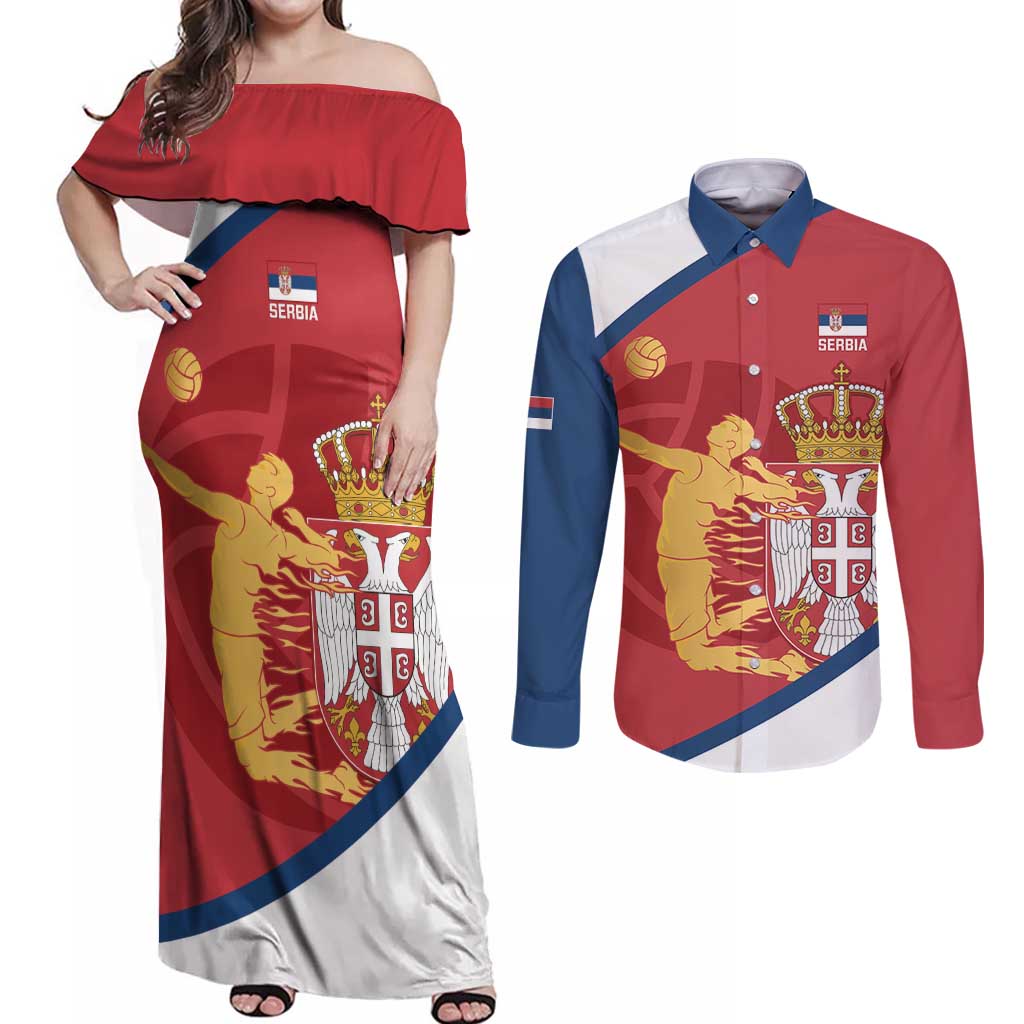 Custom Serbia Volleyball Couples Matching Off Shoulder Maxi Dress and Long Sleeve Button Shirt 2025 Go Champions