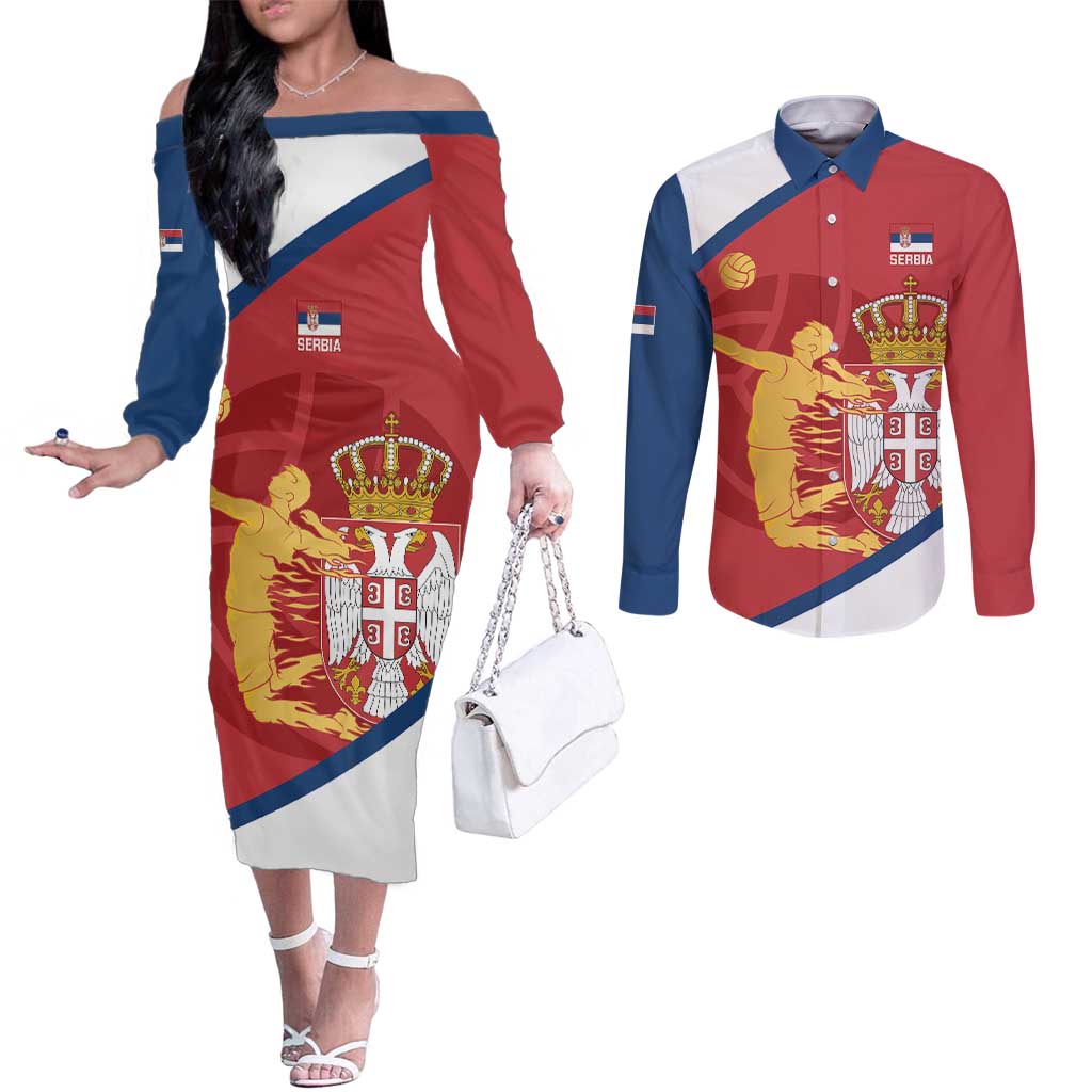 Custom Serbia Volleyball Couples Matching Off The Shoulder Long Sleeve Dress and Long Sleeve Button Shirt 2025 Go Champions