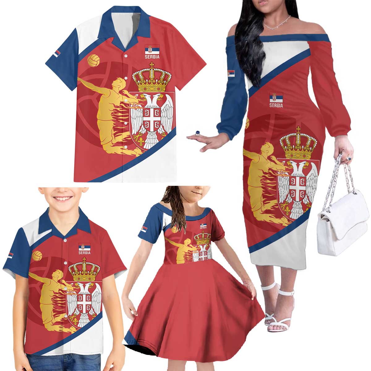 Custom Serbia Volleyball Family Matching Off The Shoulder Long Sleeve Dress and Hawaiian Shirt 2025 Go Champions