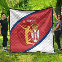 Red and white Serbia flag quilt with blue diagonal stripe and quilted stitching