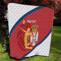 Red and white Serbia flag quilt with blue diagonal stripe, crest and quilted texture