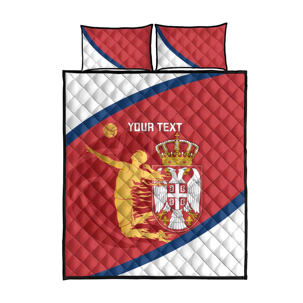Red quilt bed set with Serbia crest centered, blue-and-white flag panels, two pillows