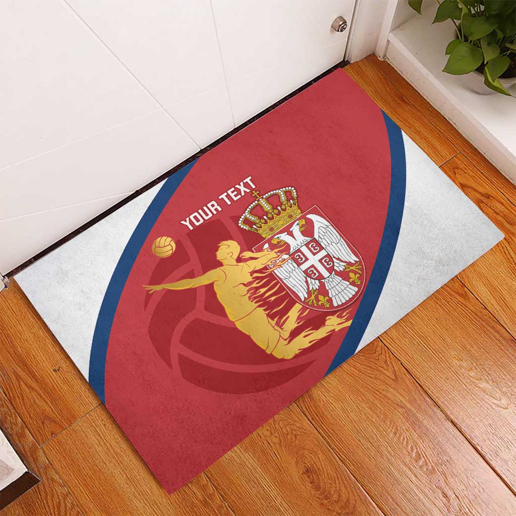 Red and white Serbia volleyball rubber doormat with blue border, crest, and 'YOUR TEXT'