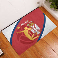 Red and white Serbia volleyball rubber doormat with blue border, crest, and 'YOUR TEXT'