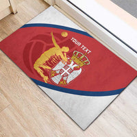 Custom Serbia volleyball doormat with red center, blue arc, crest, and 'YOUR TEXT'