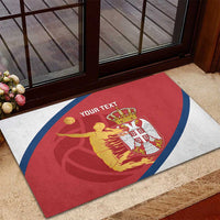 Serbia volleyball rubber doormat with red crest panel, blue arc border, and 'YOUR TEXT'
